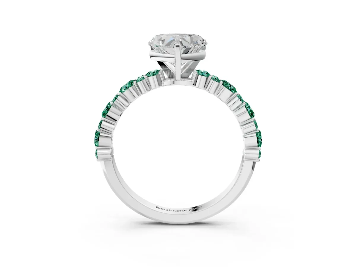 Heart Cut Diamond Side Stone Solitaire Ring with Round Green Sapphire and Four-Prong Setting Platinum