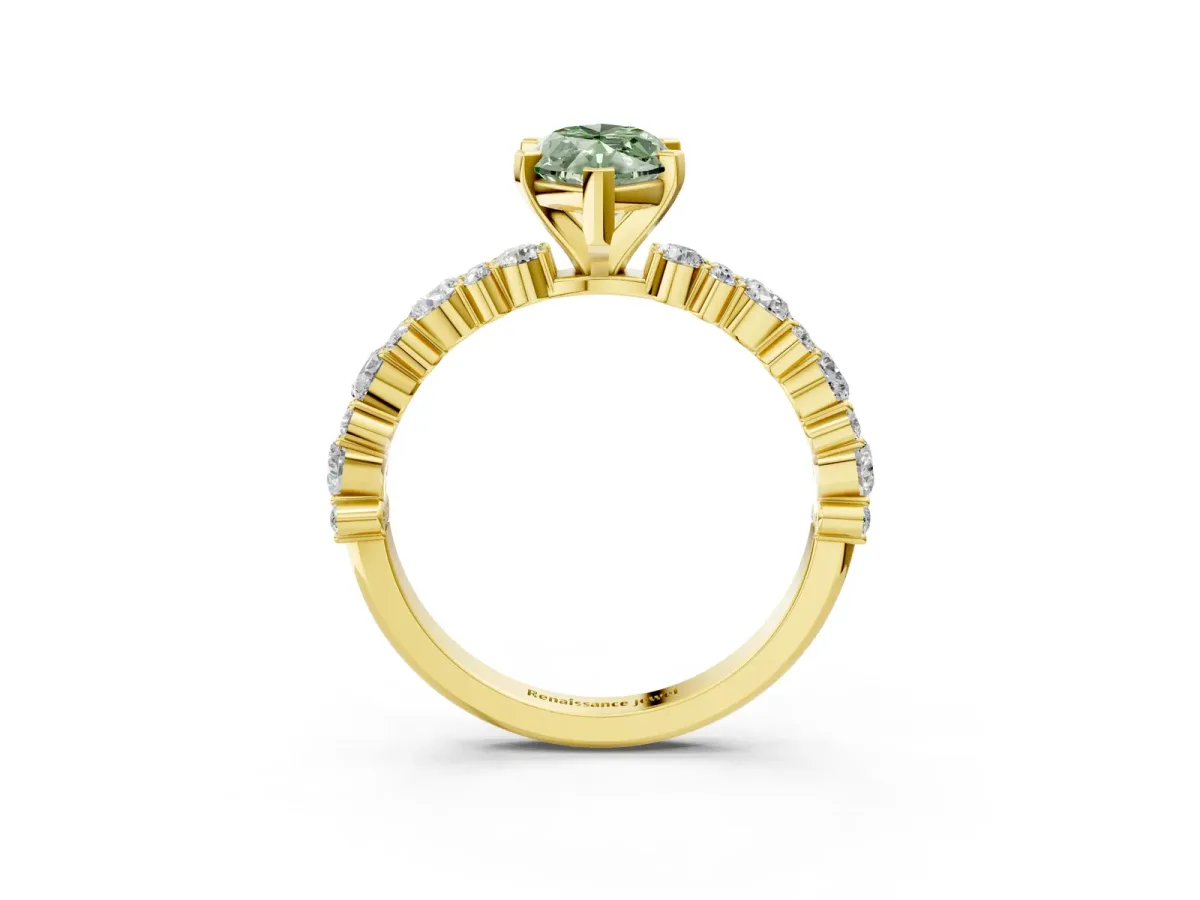 Fancy Green Marquise Cut Diamond Side Stone Solitaire Ring with Round and Four-Prong Setting Yellow gold