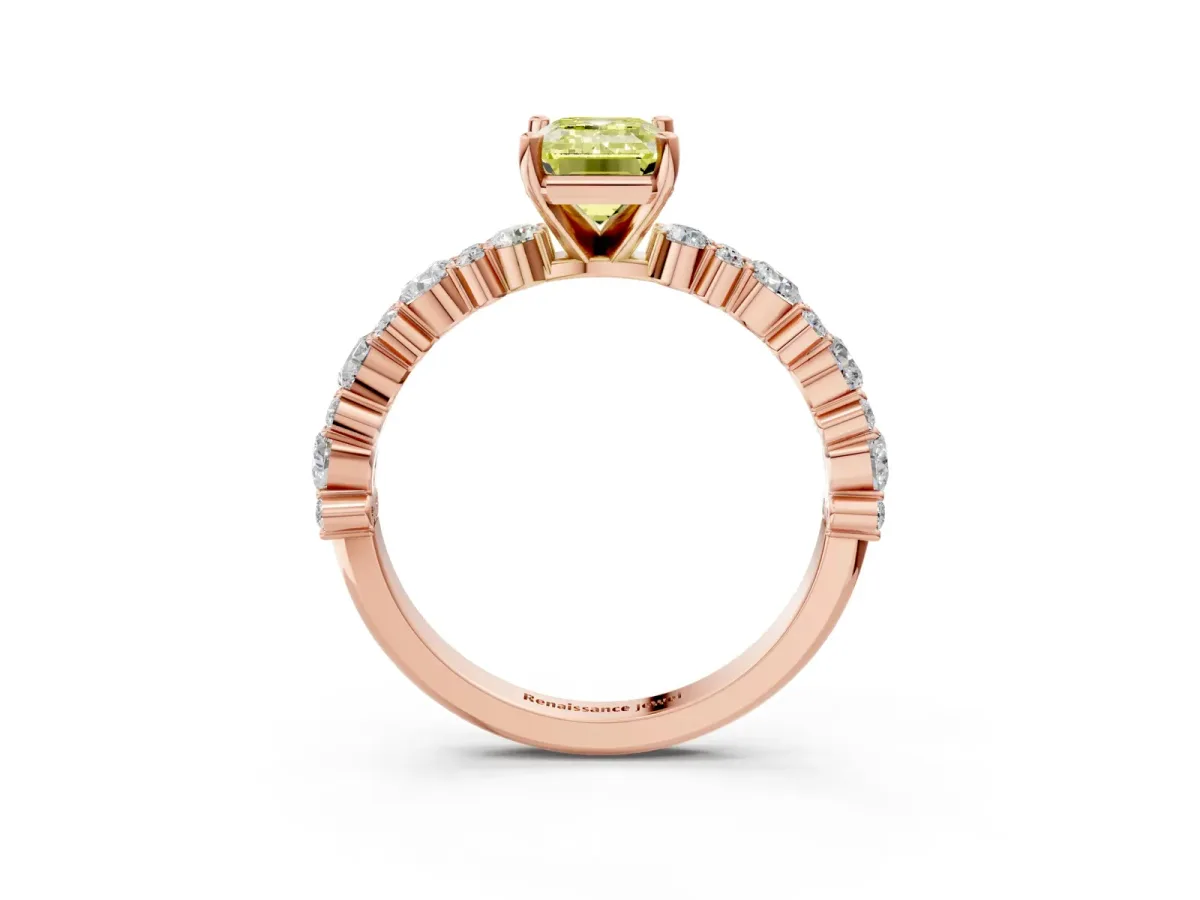 Fancy Yellow Emerald Cut Diamond Side Stone Solitaire Ring with Round and Four-Prong Setting Rose gold