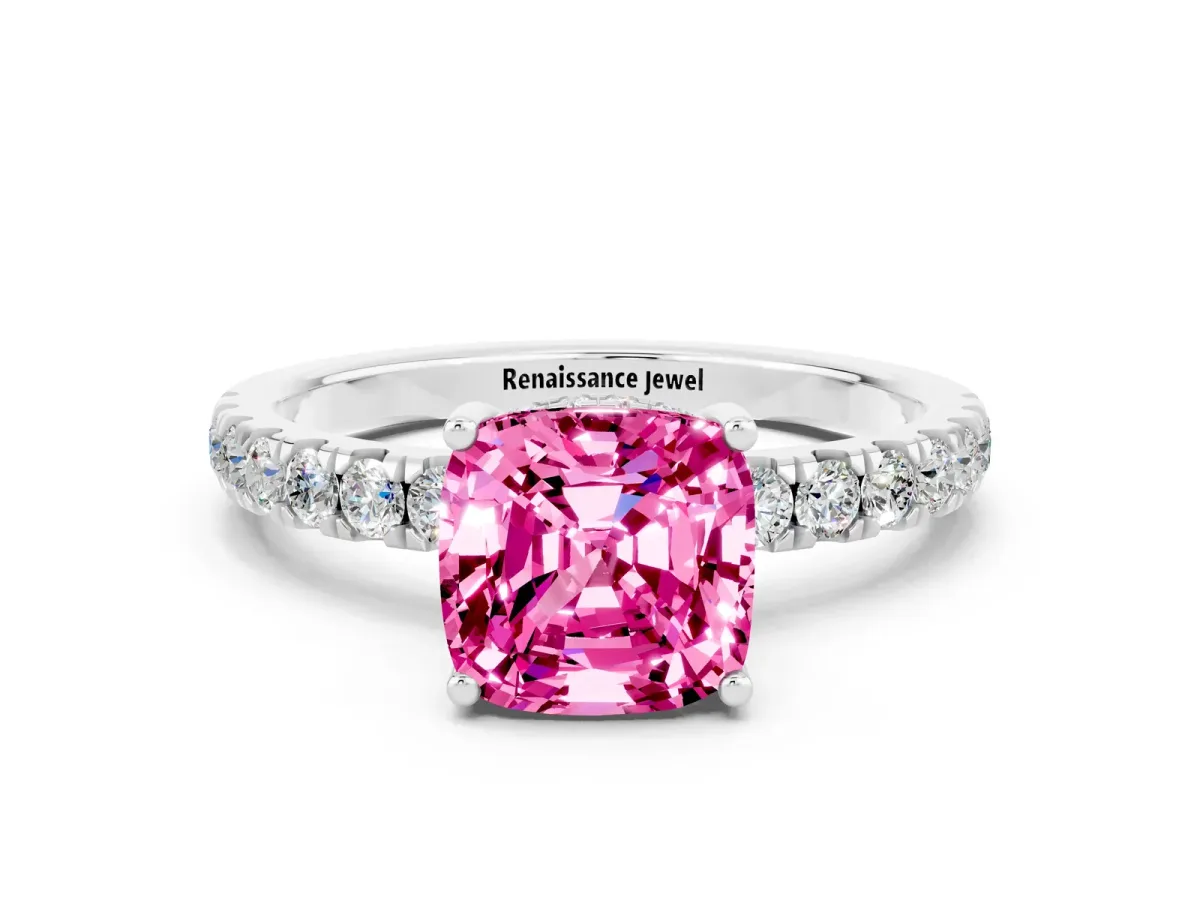 Cushion Cut Pink Sapphire Pave Band Solitaire Ring with Round and Prong Setting Silver