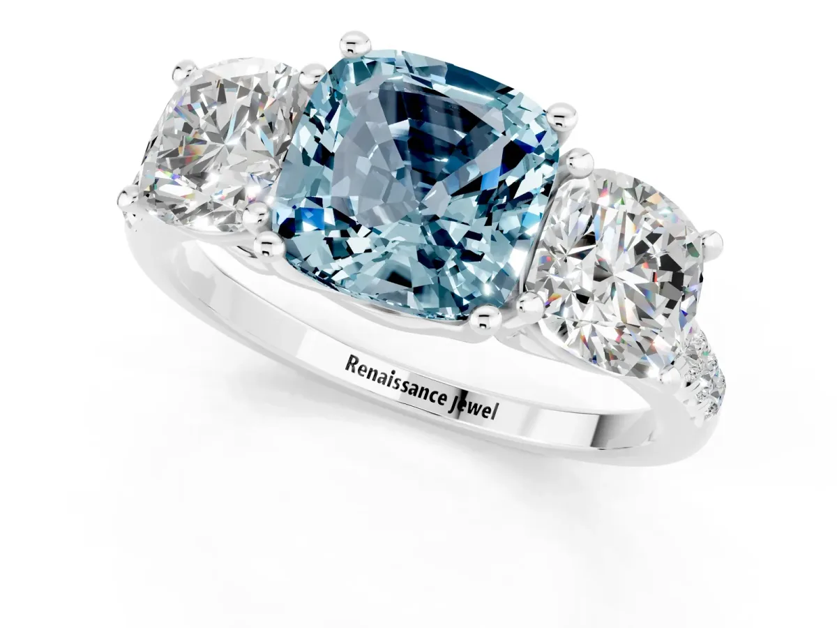 Three-Stone Cushion Cut Aquamarine Ring with Round Pavé Band and Prong Setting White gold