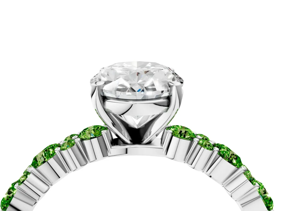 Oval Cut Diamond Side Stone Solitaire Ring with Round Peridot and Four-Prong Setting Silver