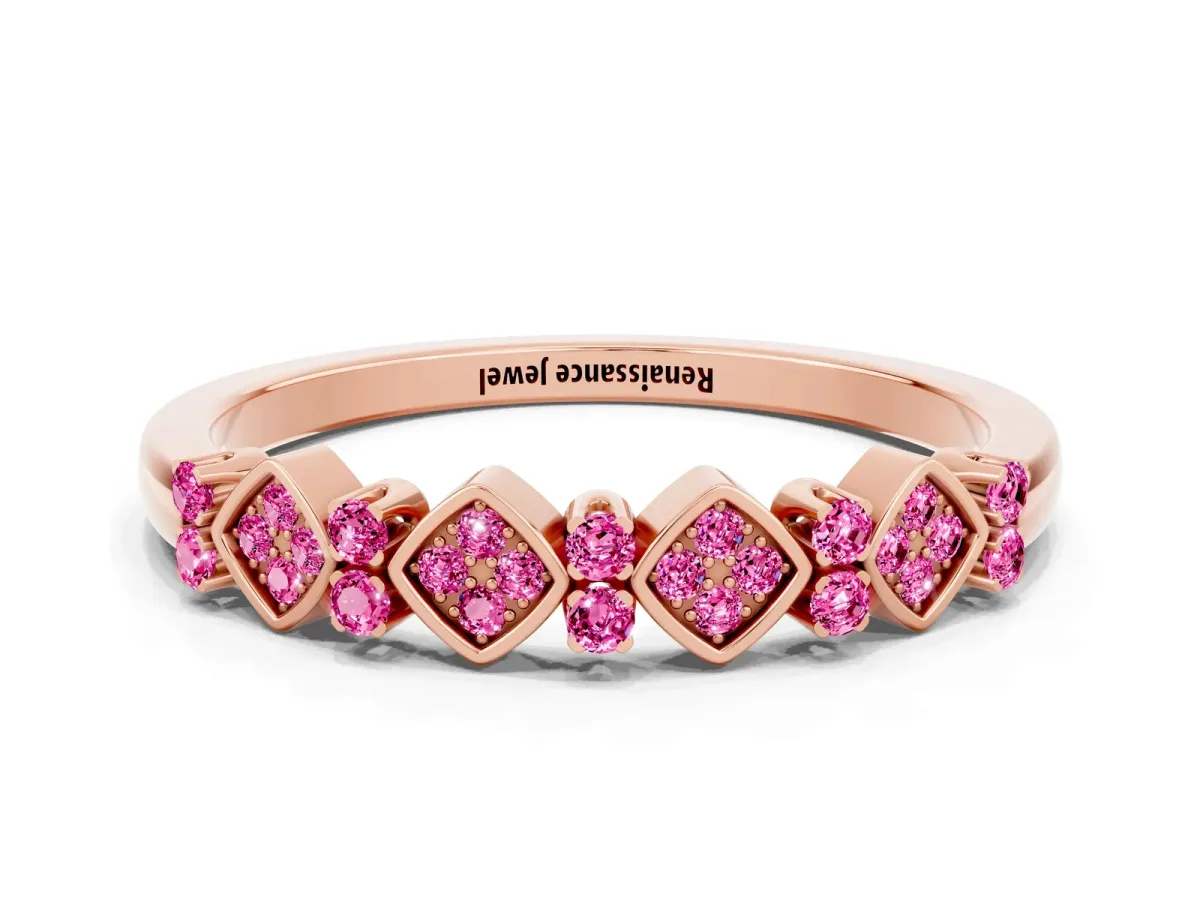 Pavé Cushion Pink Sapphire Cluster Eternity Band with Prong Setting Rose gold