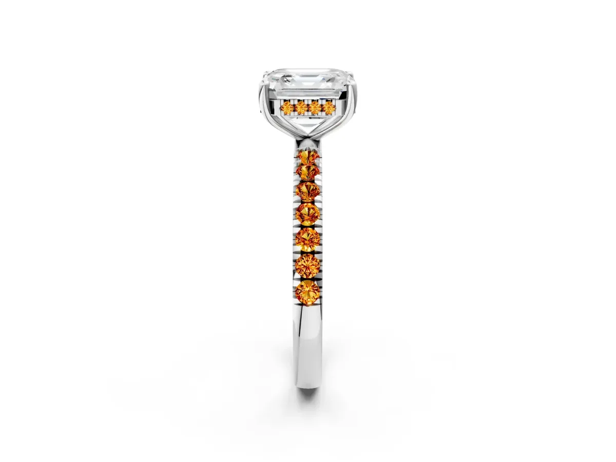 Asscher Cut Diamond Pave Band Solitaire Ring with Round Citrine and Prong Setting Platinum