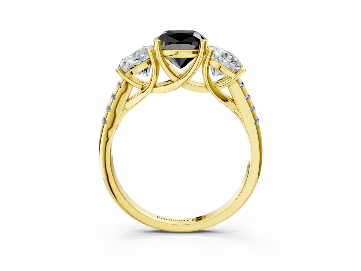 Fancy Black Three-Stone Cushion Cut Diamond Ring with Round Pavé Band and Prong Setting Yellow gold