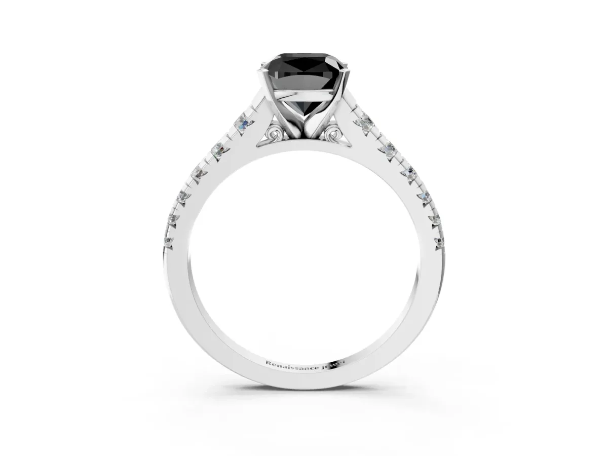 Fancy Black Cushion Cut Diamond Cathedral Solitaire Ring with Round Pavé Band Platinum