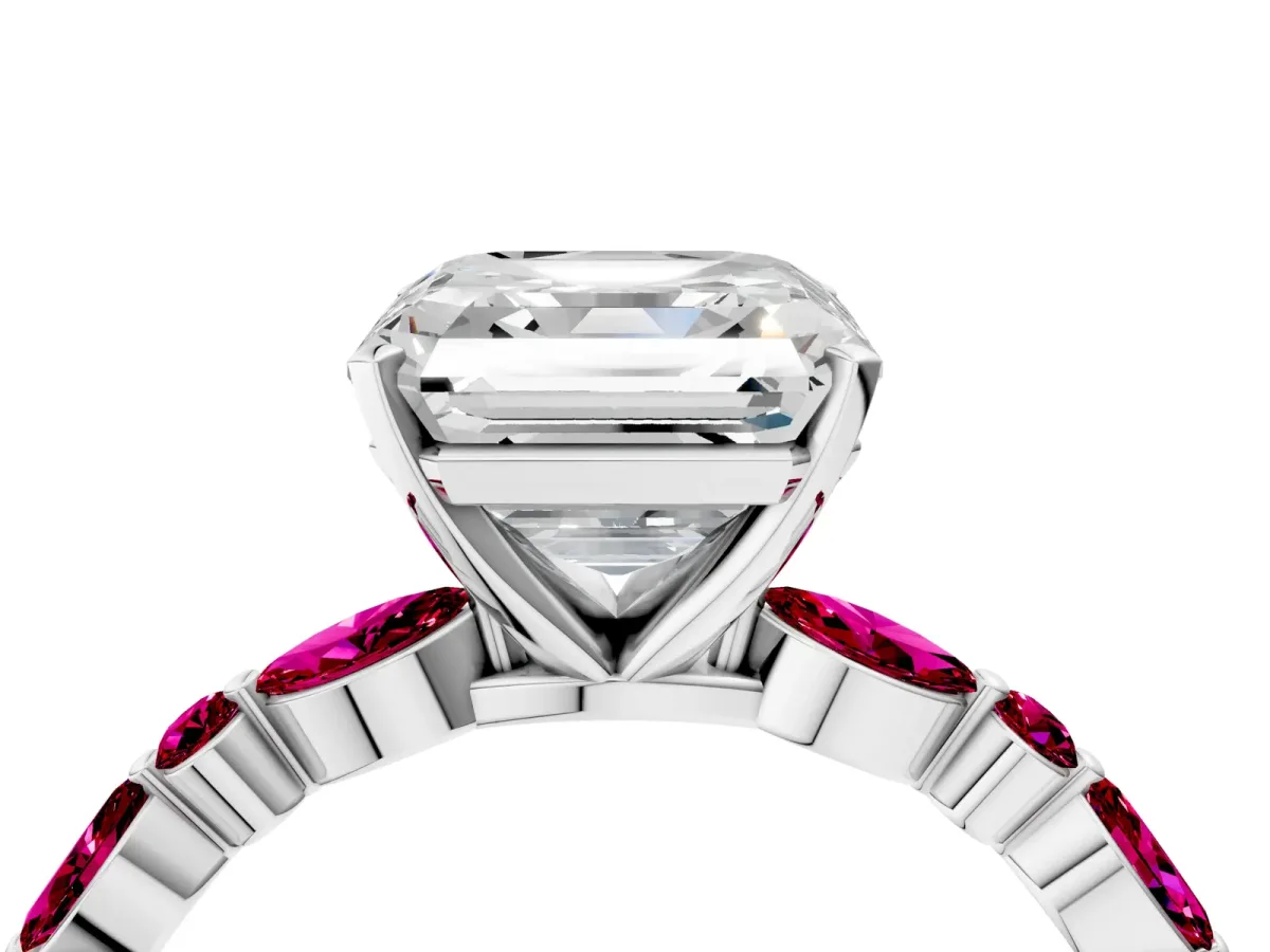 Asscher Cut Diamond Ring with Marquise and Round Garnet Side Stones and Four-Prong Setting Platinum