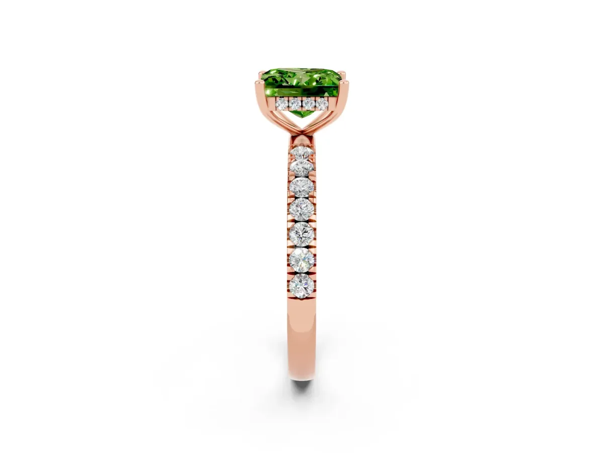 Princess Cut Peridot Pave Band Solitaire Ring with Round and Prong Setting Rose gold
