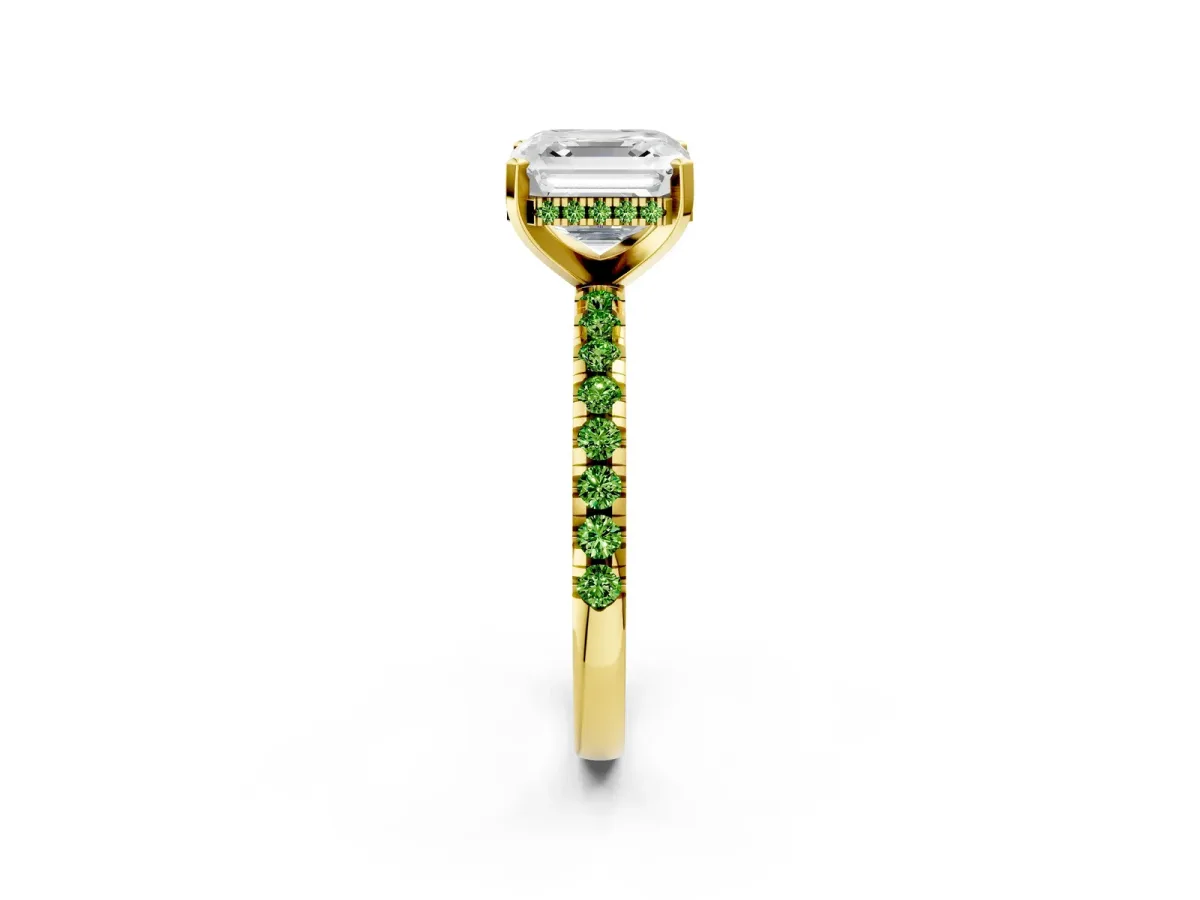 Asscher Cut Diamond Solitaire Ring with Round Peridot Pavé Band and Four-Prong Setting Yellow gold