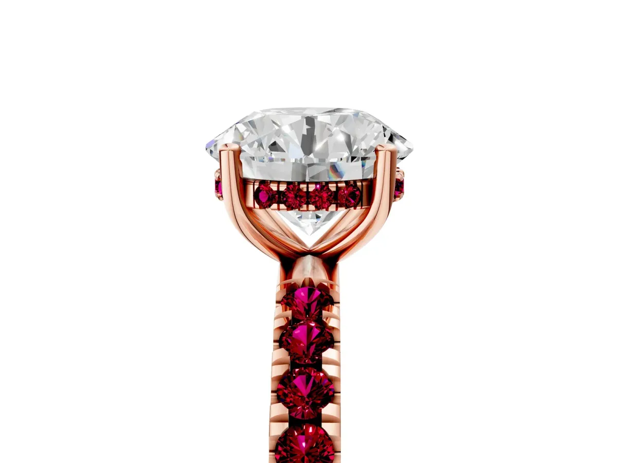 Round Cut Diamond Pave Band Solitaire Ring with Round Garnet and Prong Setting Rose gold