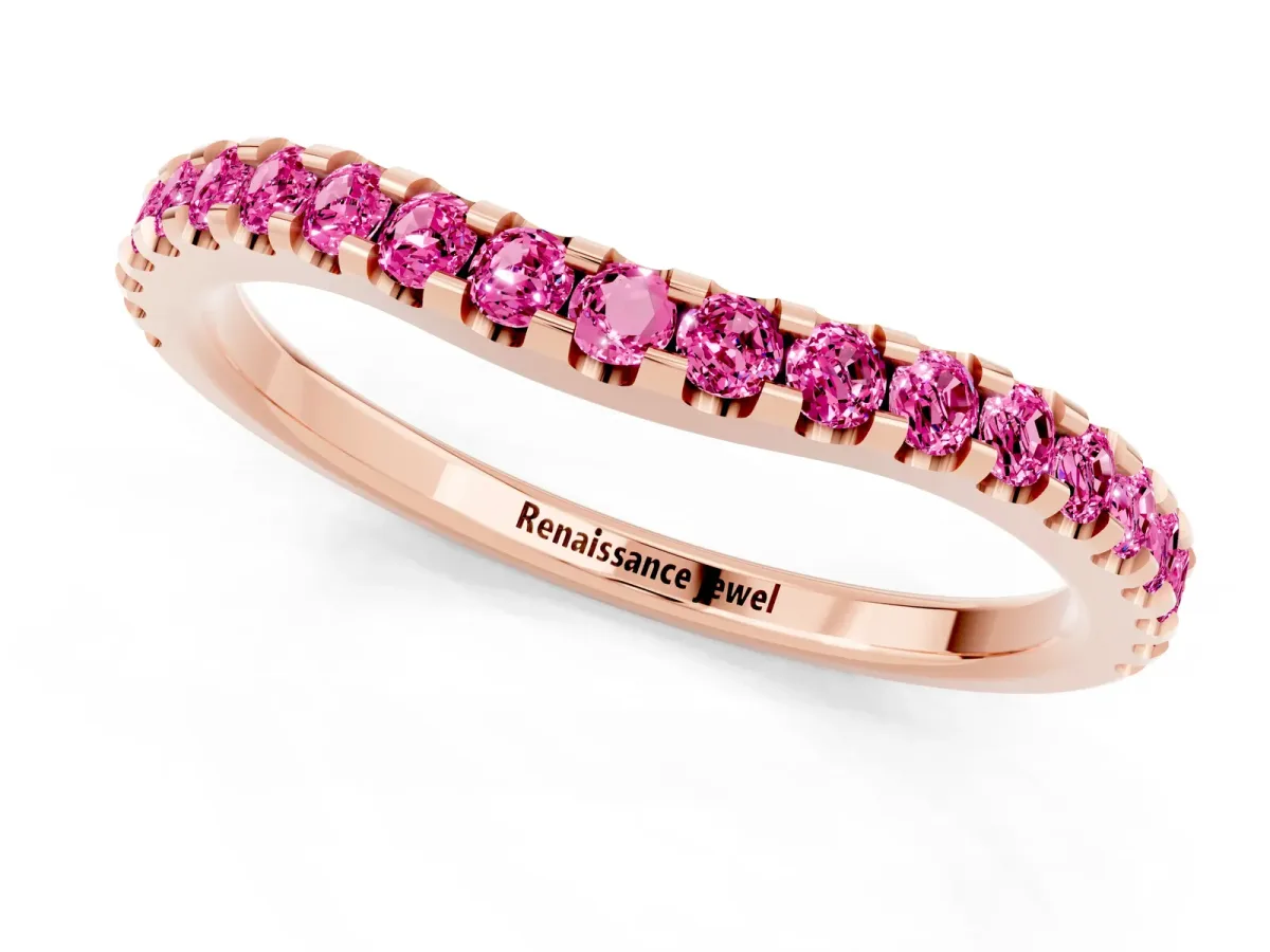 Round Pink Sapphire Pavé Curved Wedding Band Rose gold