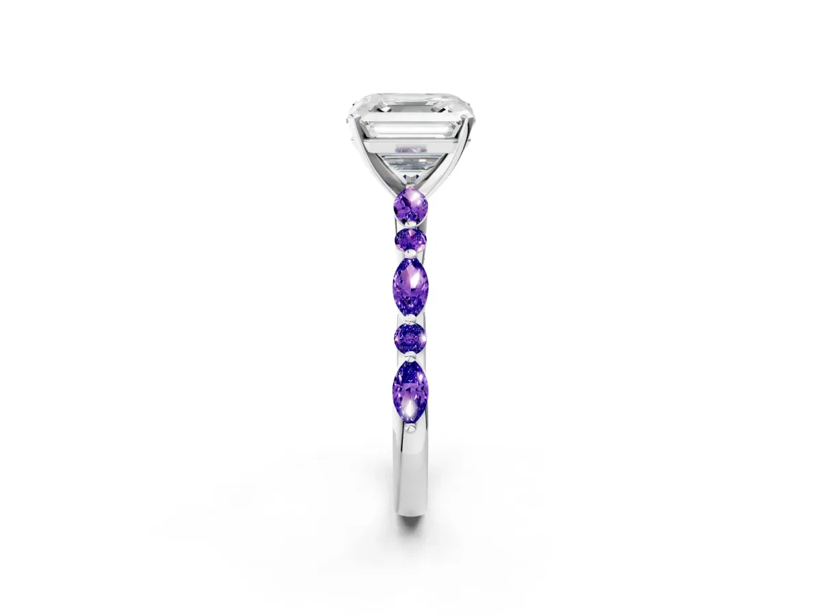 Asscher Cut Diamond Ring with Marquise and Round Tanzanite Side Stones and Four-Prong Setting Silver