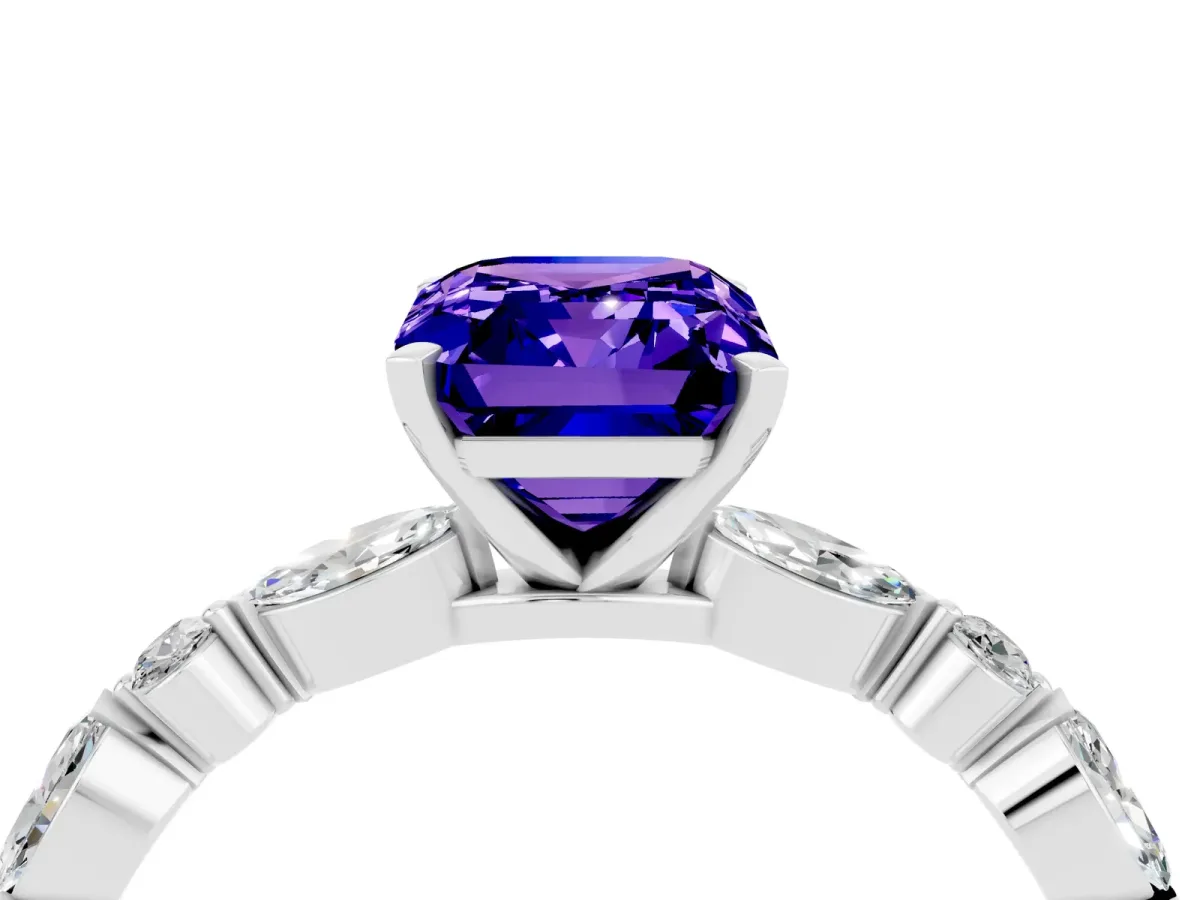 Emerald Cut Tanzanite Ring with Marquise and Round Side Stones and Four-Prong Setting Silver
