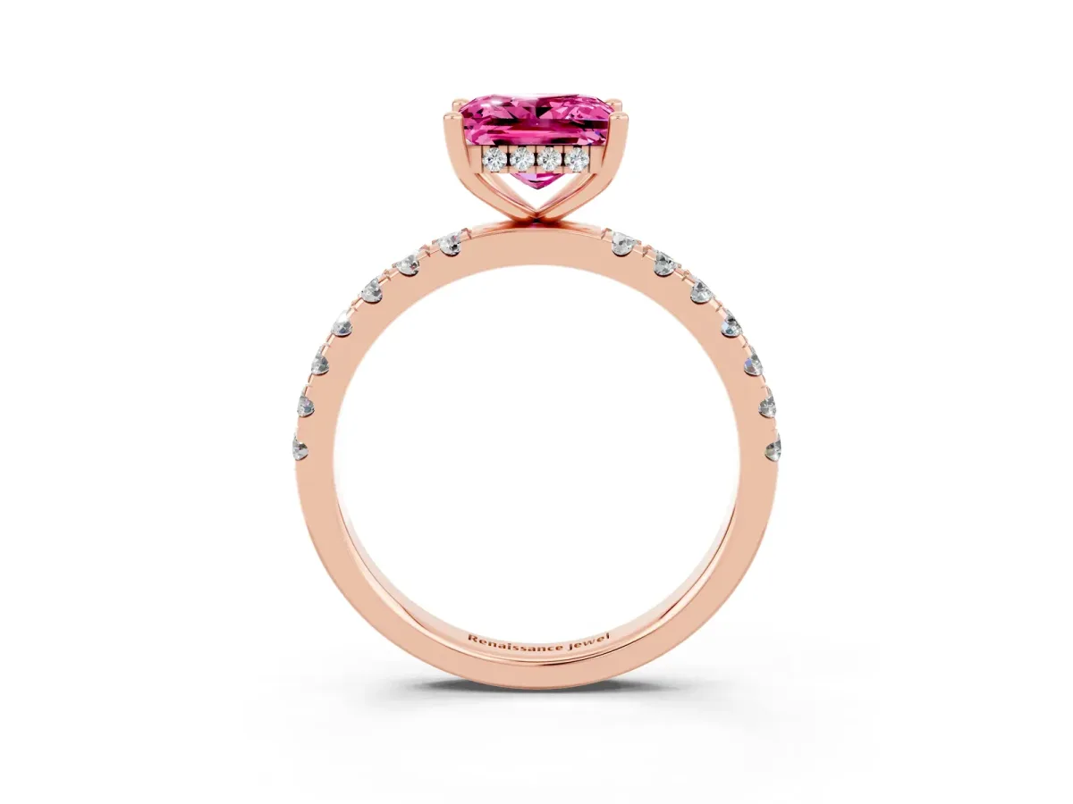 Princess Cut Pink Sapphire Pave Band Solitaire Ring with Round and Prong Setting Rose gold