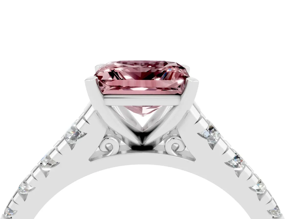 Princess Cut Morganite Cathedral Solitaire Ring with Round Pavé Band White gold