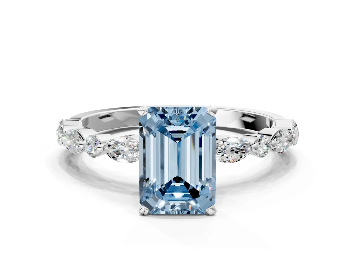 Fancy Blue Emerald Cut Diamond Ring with Marquise and Round Side Stones and Four-Prong Setting Silver