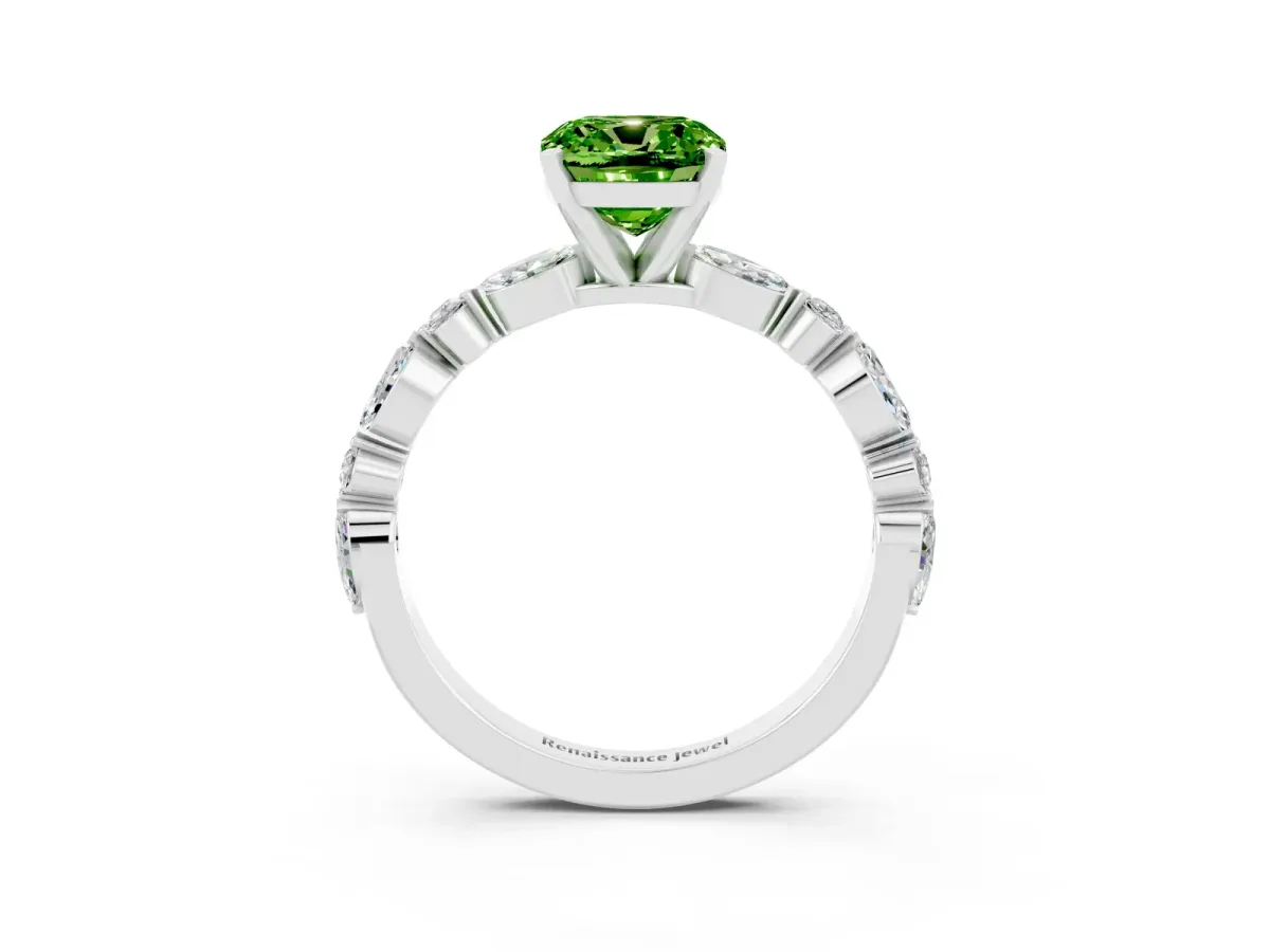 Cushion Cut Peridot Ring with Marquise and Round Side Stones and Four-Prong Setting Silver