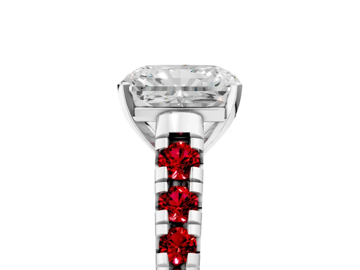 Radiant Cut Diamond Cathedral Solitaire Ring with Round Ruby Pavé Band Platinum