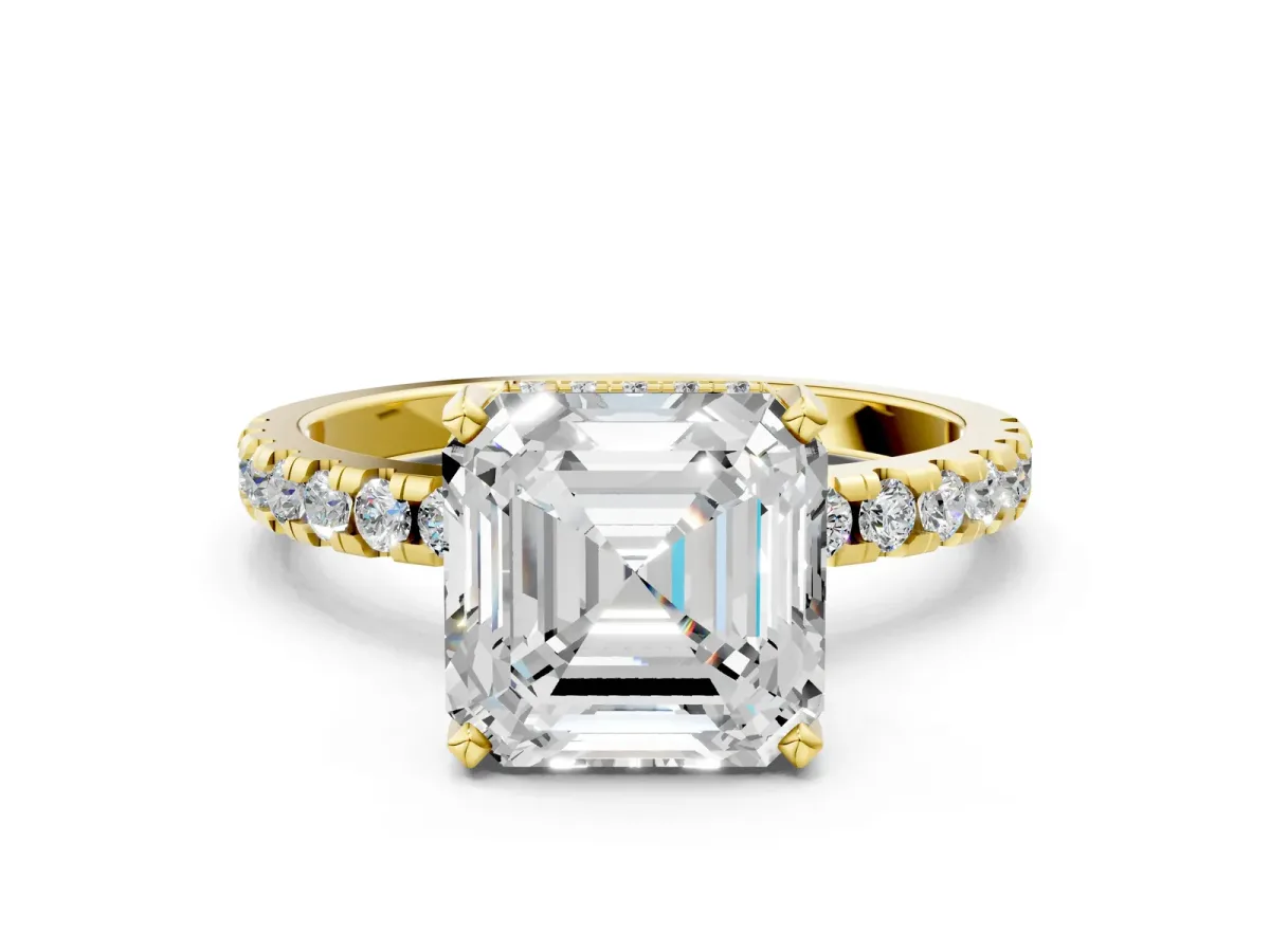 Asscher Cut Diamond Solitaire Ring with Round Pavé Band and Four-Prong Setting Yellow gold