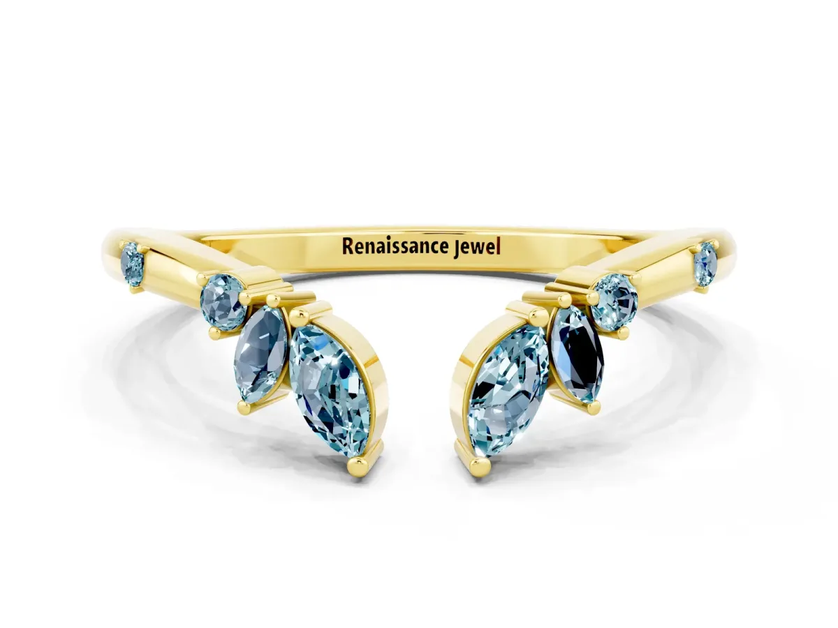 Open Marquise Cluster Aquamarine Band with Prong Setting Yellow gold