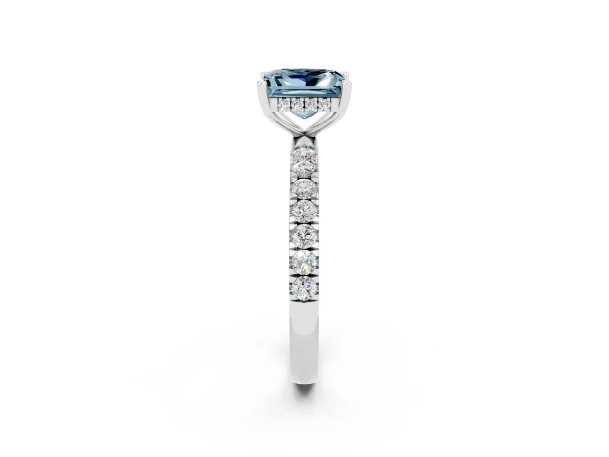 Princess Cut Aquamarine Pave Band Solitaire Ring with Round and Prong Setting Platinum