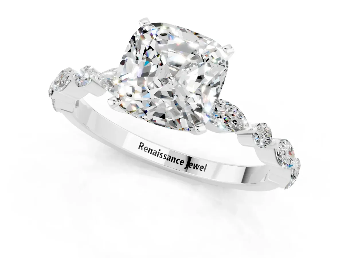 Cushion Cut Moissanite Ring with Marquise and Round Side Stones and Four-Prong Setting Silver