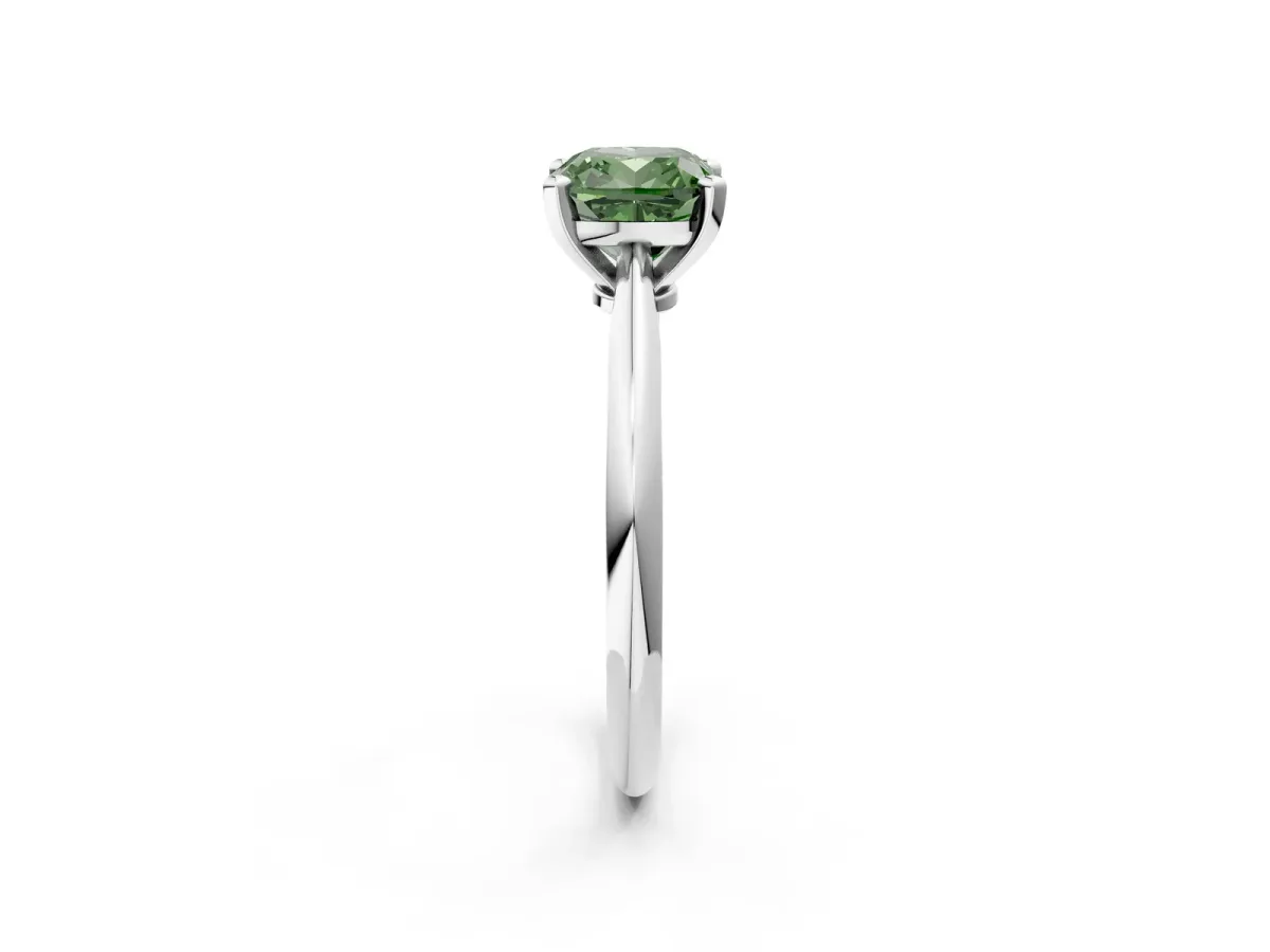 Fancy Green Cushion Cut Diamond Solitaire Engagement Ring with Classic Band and Four-Prong Setting Silver