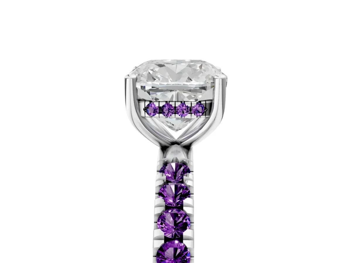 Cushion Cut Diamond Pave Band Solitaire Ring with Round Amethyst and Prong Setting White gold