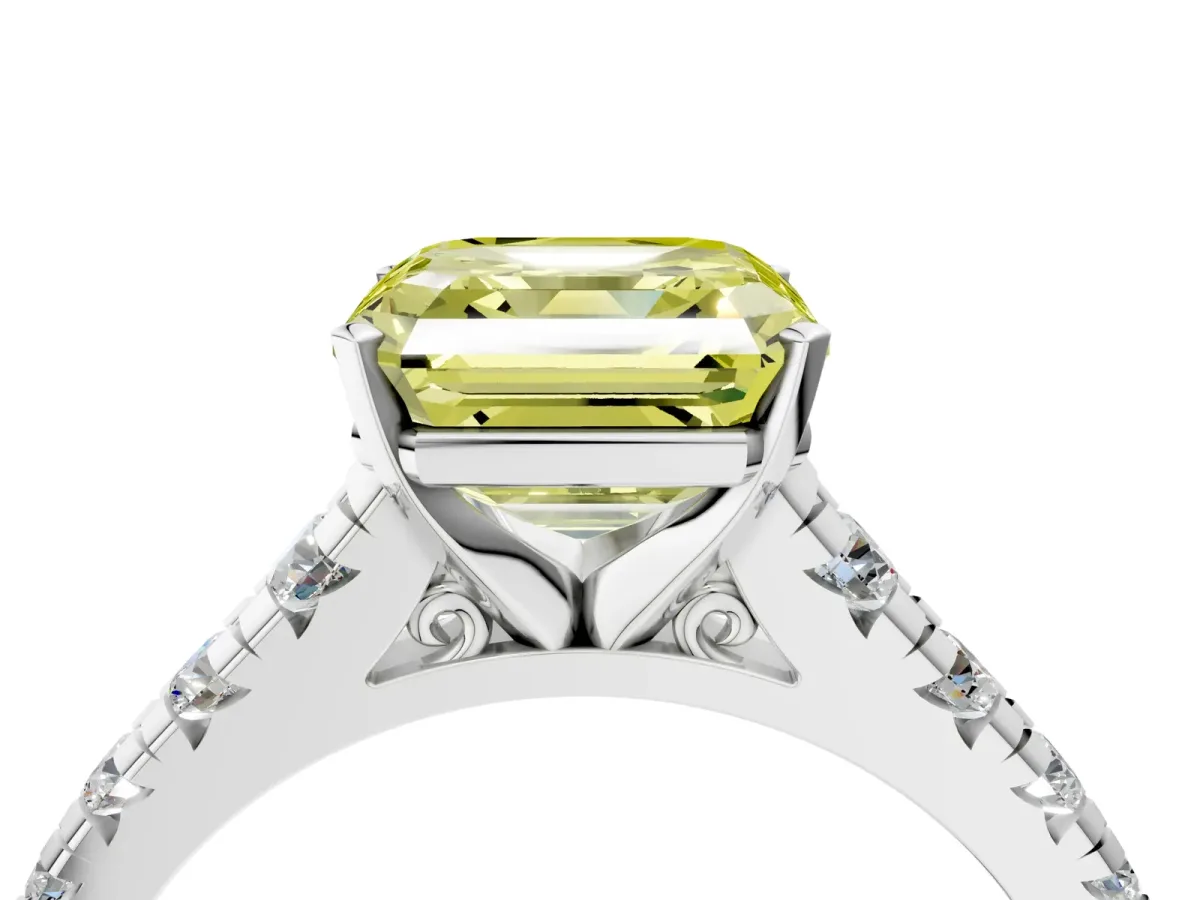 Fancy Yellow Asscher Cut Diamond Cathedral Solitaire Ring with Round Pavé Band Silver