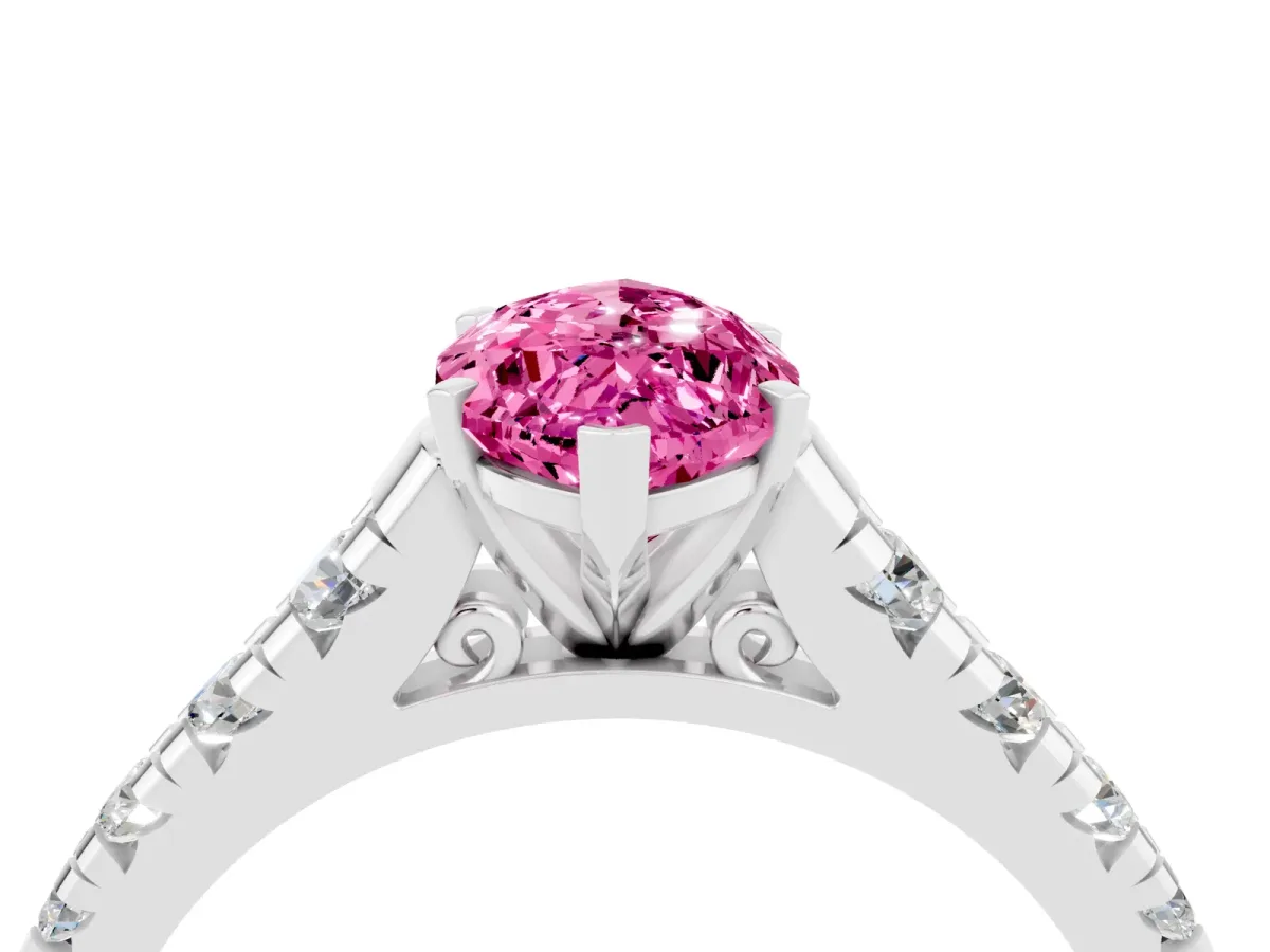 Marquise Cut Pink Sapphire Cathedral Solitaire Ring with Round Pavé Band Platinum