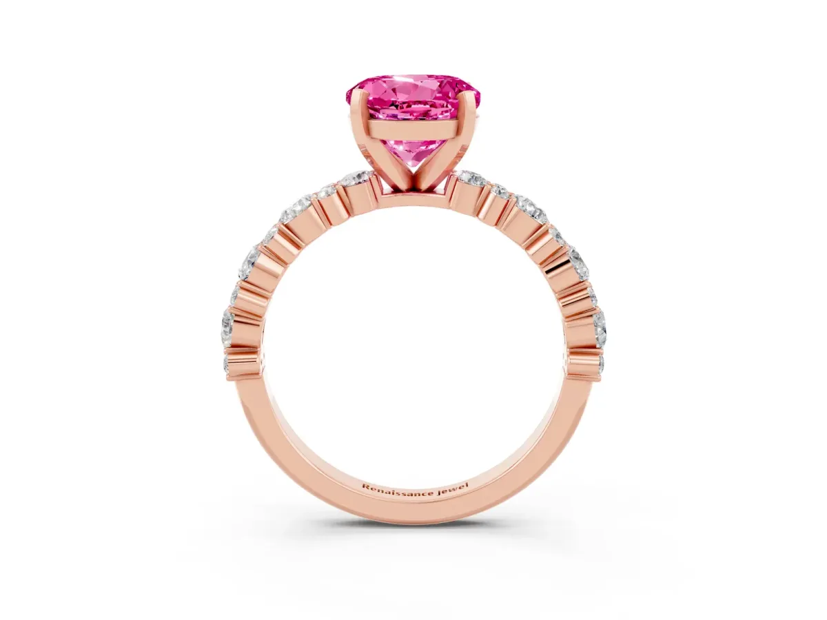 Round Cut Pink Sapphire Side Stone Solitaire Ring with Round and Four-Prong Setting Rose gold