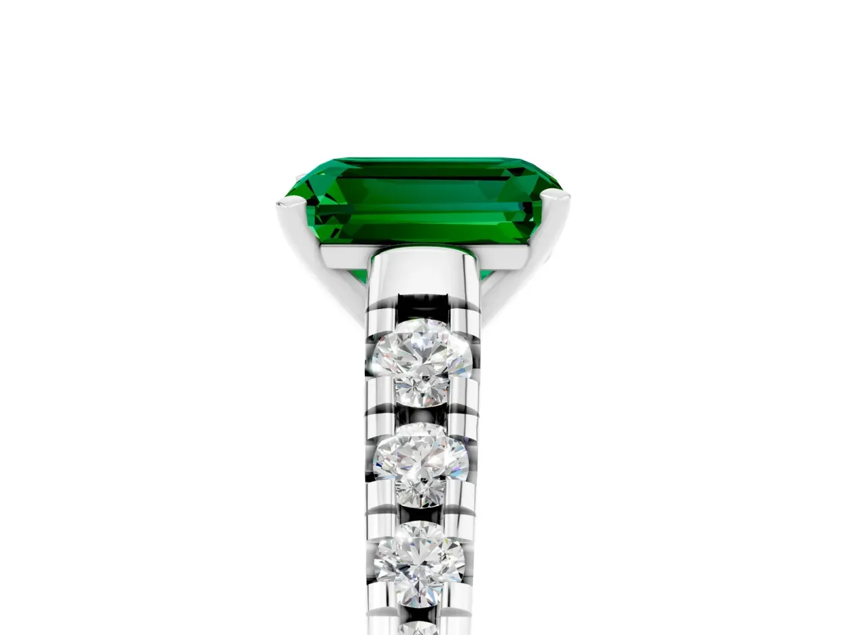 Emerald Cut Emerald Cathedral Solitaire Ring with Round Pavé Band Platinum