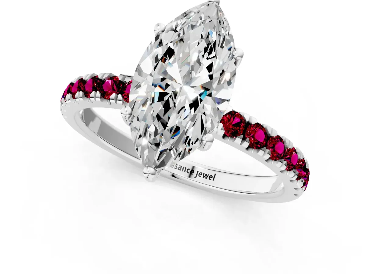 Marquise Cut Diamond Pave Band Solitaire Ring with Round Garnet and Prong Setting White gold