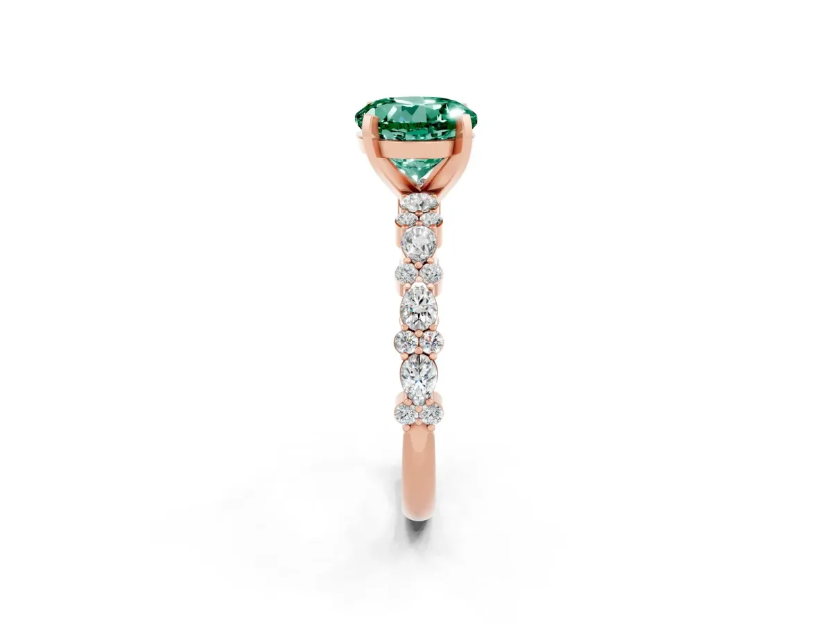 Round Cut Green Sapphire Side Stone Solitaire Ring with Round and Four-Prong Setting Rose gold
