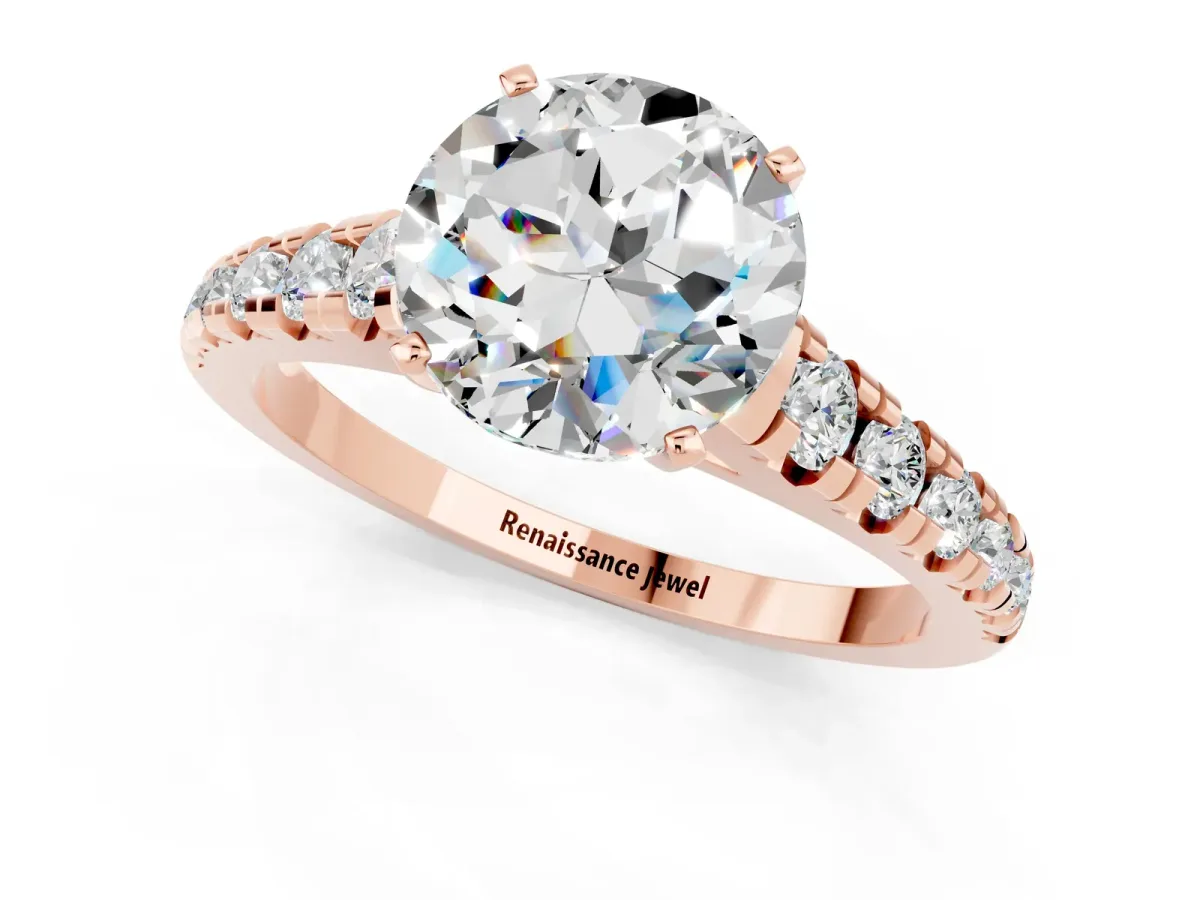 Round Cut Moissanite Cathedral Solitaire Ring with Round Pavé Band Rose gold