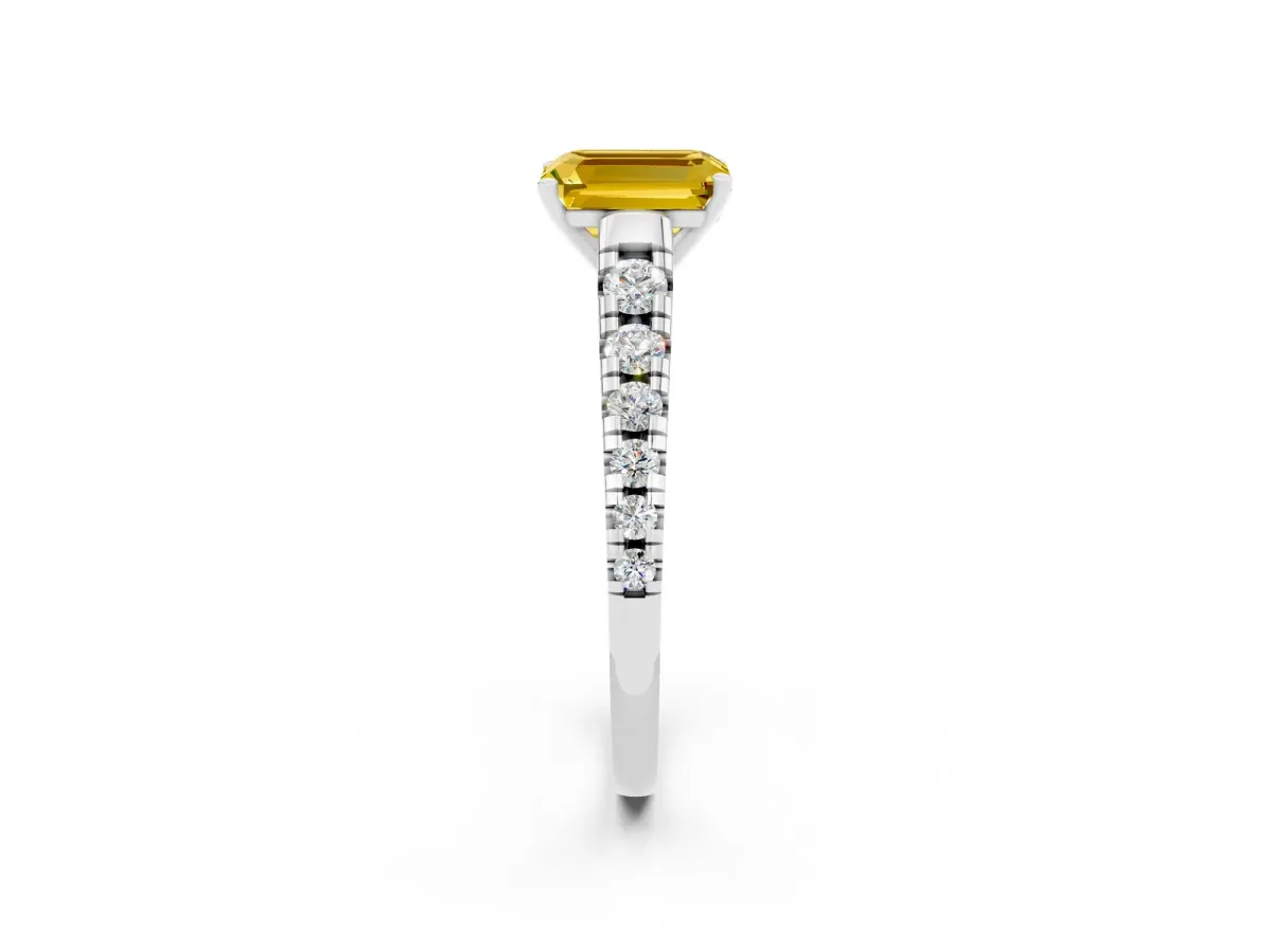Emerald Cut Yellow Sapphire Cathedral Solitaire Ring with Round Pavé Band White gold