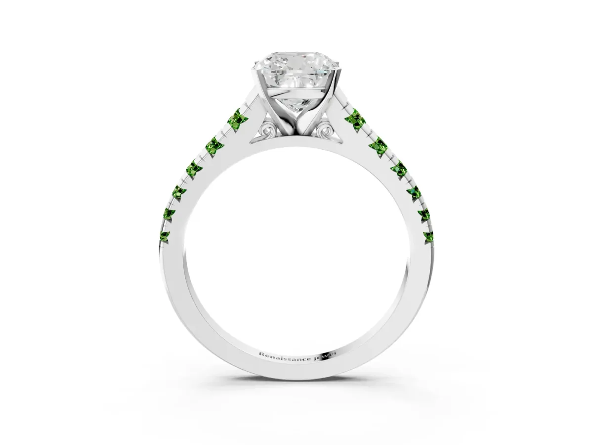 Cushion Cut Diamond Cathedral Solitaire Ring with Round Peridot Pavé Band Silver