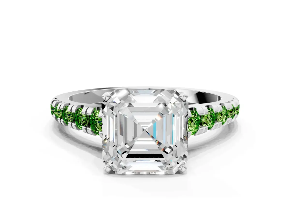 Asscher Cut Diamond Cathedral Solitaire Ring with Round Peridot Pavé Band Platinum