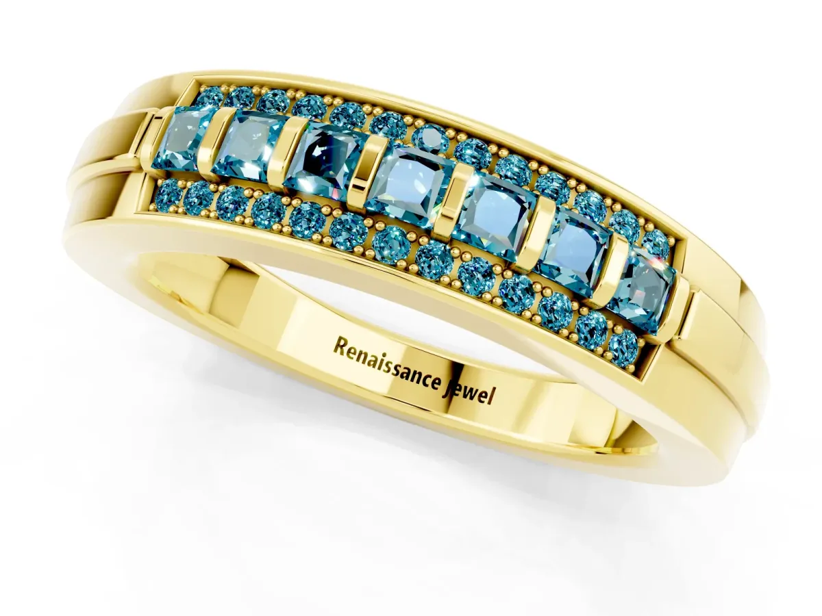 Bar-Set Princess Cut Blue Topaz Pavé Band Yellow gold