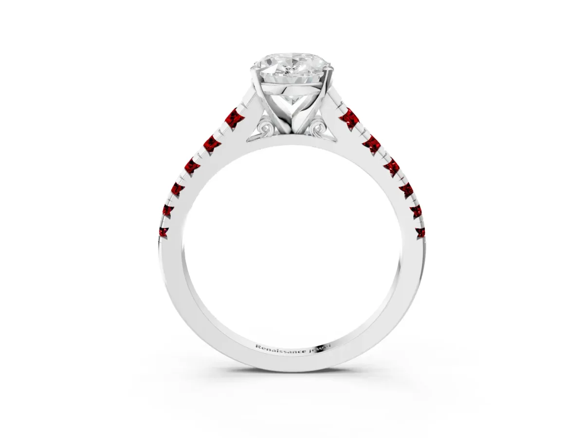 Oval Cut Diamond Cathedral Solitaire Ring with Round Ruby Pavé Band Platinum