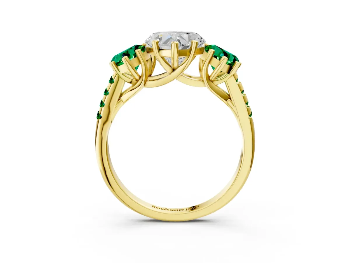 Three-Stone Heart Cut Diamond Ring with Round Emerald Pavé Band and Prong Setting Yellow gold