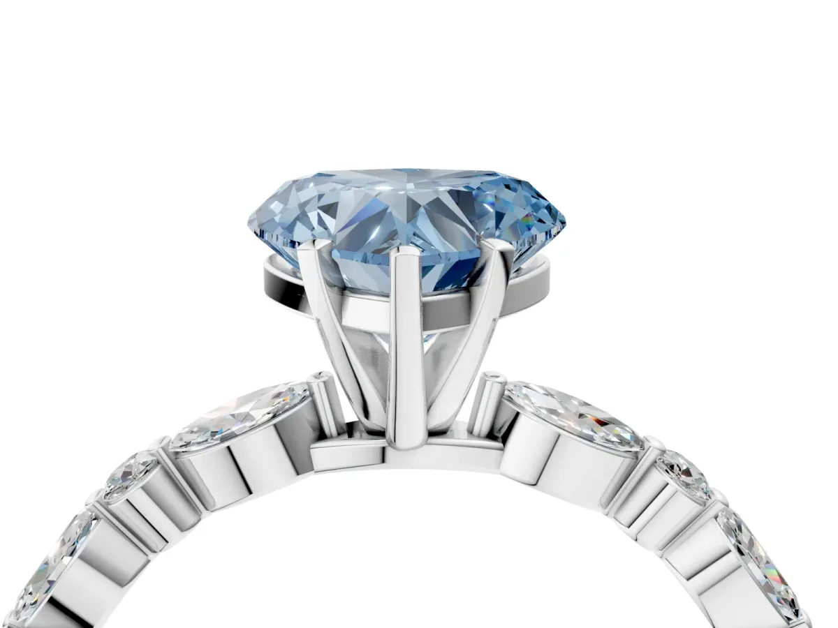 Fancy Blue Heart Cut Diamond Ring with Marquise and Round Side Stones and Four-Prong Setting Silver