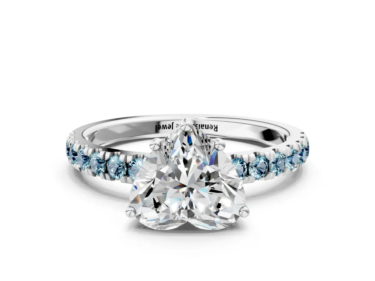 Heart Cut Diamond Pave Band Solitaire Ring with Round Aquamarine and Prong Setting Silver