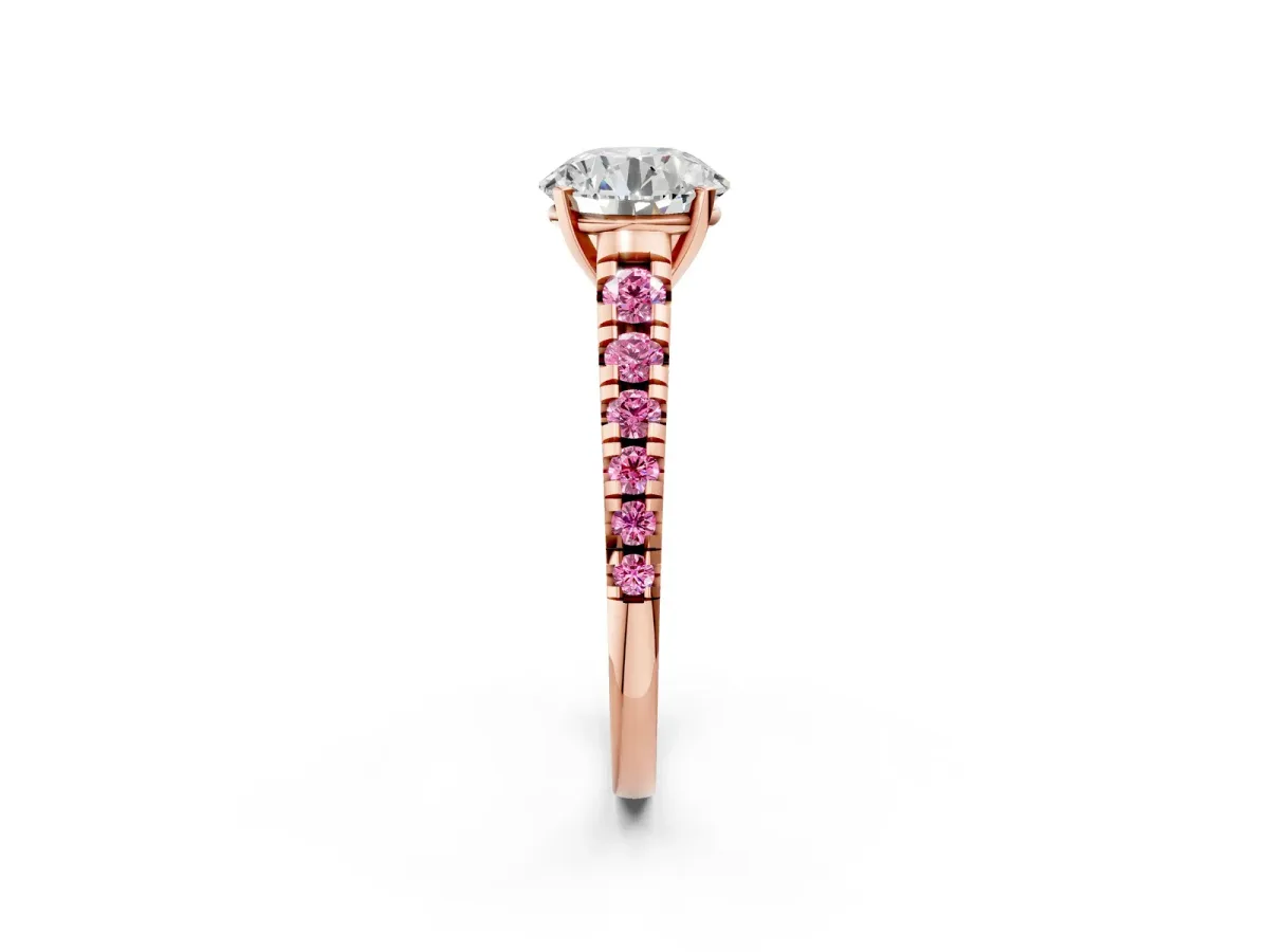 Round Cut Diamond Cathedral Solitaire Ring with Round Pink Sapphire Pavé Band Rose gold