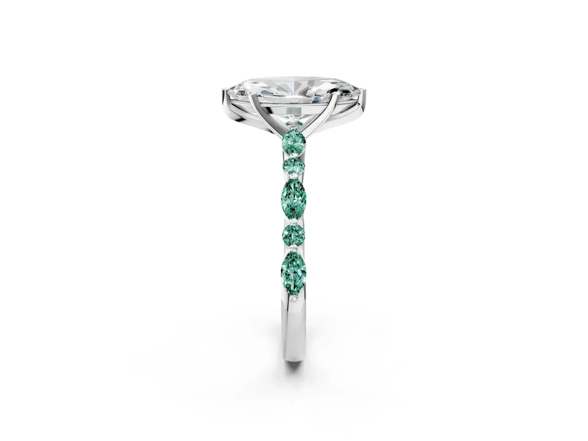 Marquise Cut Diamond Ring with Marquise and Round Green Sapphire Side Stones and Four-Prong Setting Silver