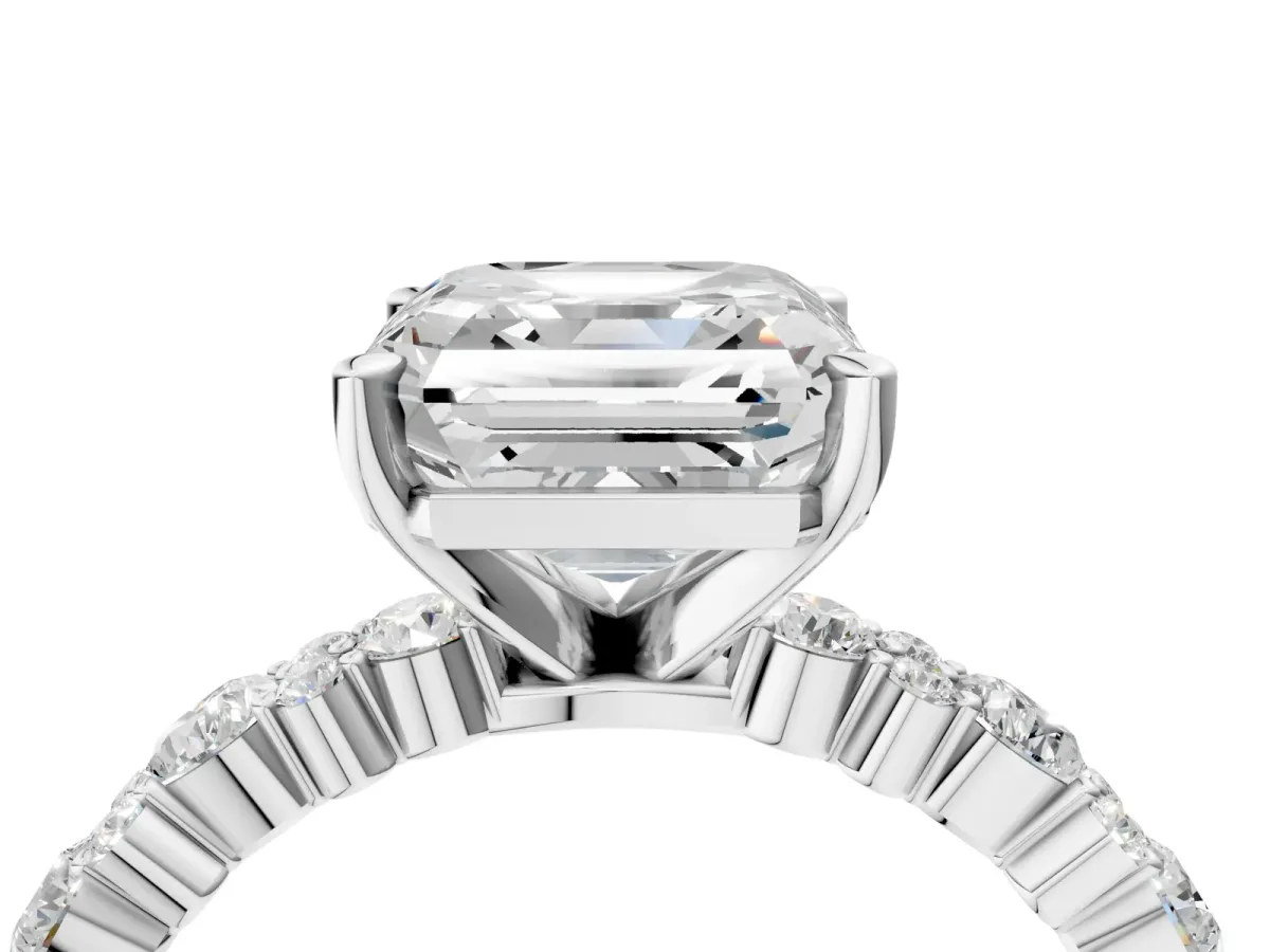 Asscher Cut Diamond Side Stone Solitaire Ring with Round Moissanite and Four-Prong Setting Silver