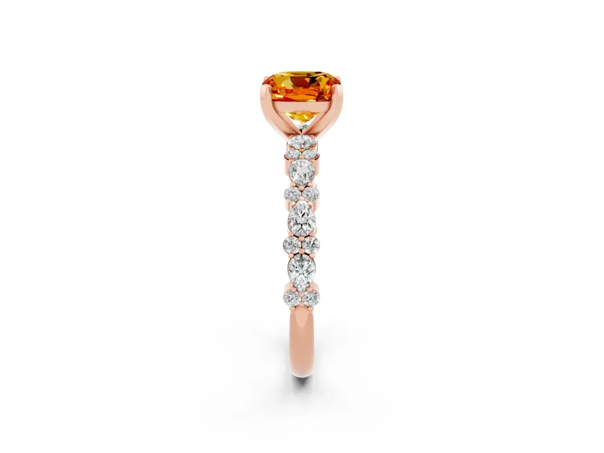 Cushion Cut Citrine Side Stone Solitaire Ring with Round and Four-Prong Setting Rose gold