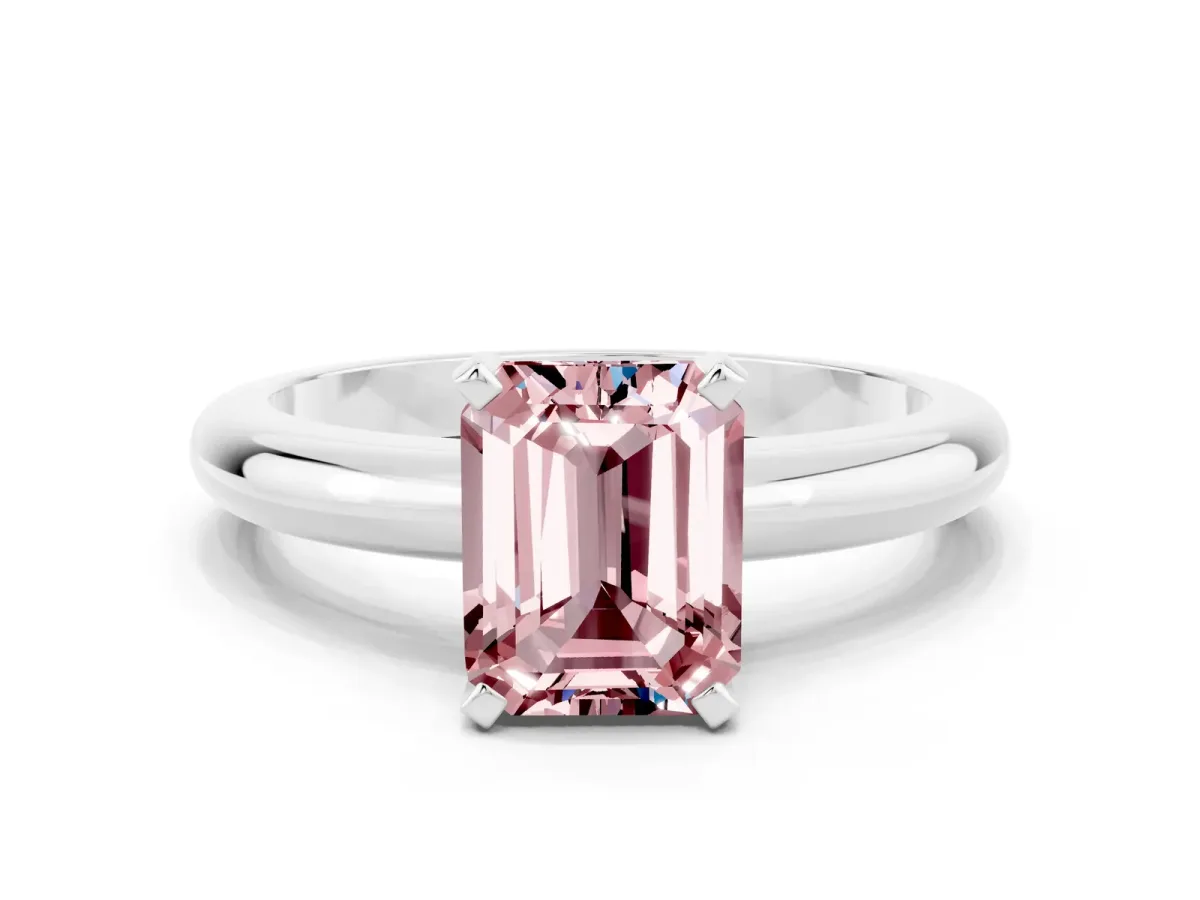 Emerald Cut Morganite Solitaire Engagement Ring with Round Band and Four-Prong Setting Silver