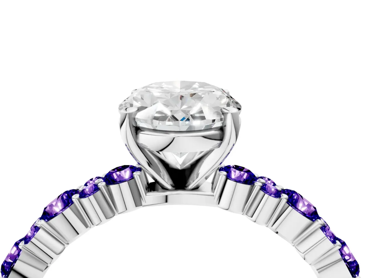 Oval Cut Diamond Side Stone Solitaire Ring with Round Tanzanite and Four-Prong Setting White gold