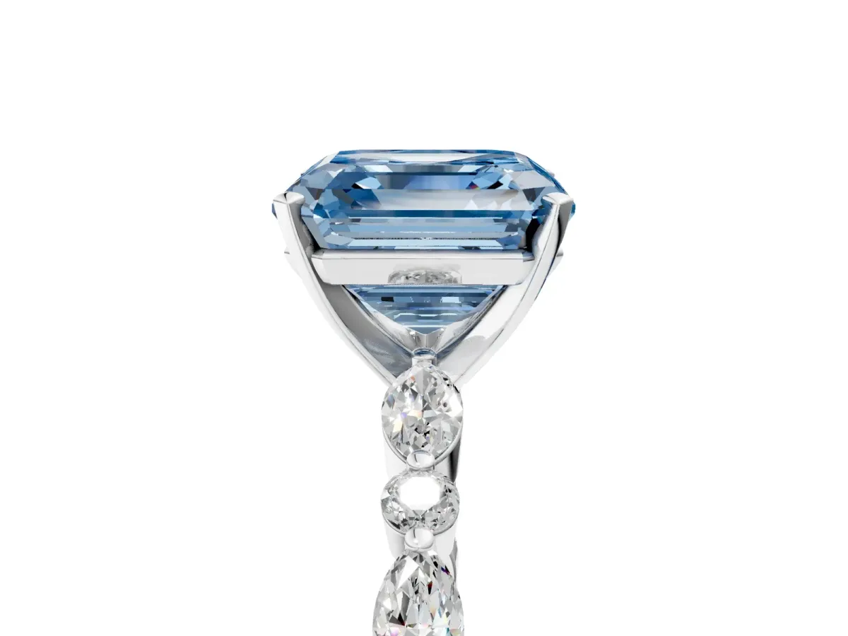 Fancy Blue Asscher Cut Diamond Ring with Marquise and Round Side Stones and Four-Prong Setting Silver